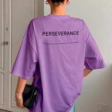 T-Shirt With "Perseverance" Print Lettering. Minimalist, Casual, Modern, Sophisticated, Simple, Basic, Summer, Oversized. - Lilac - View 9
