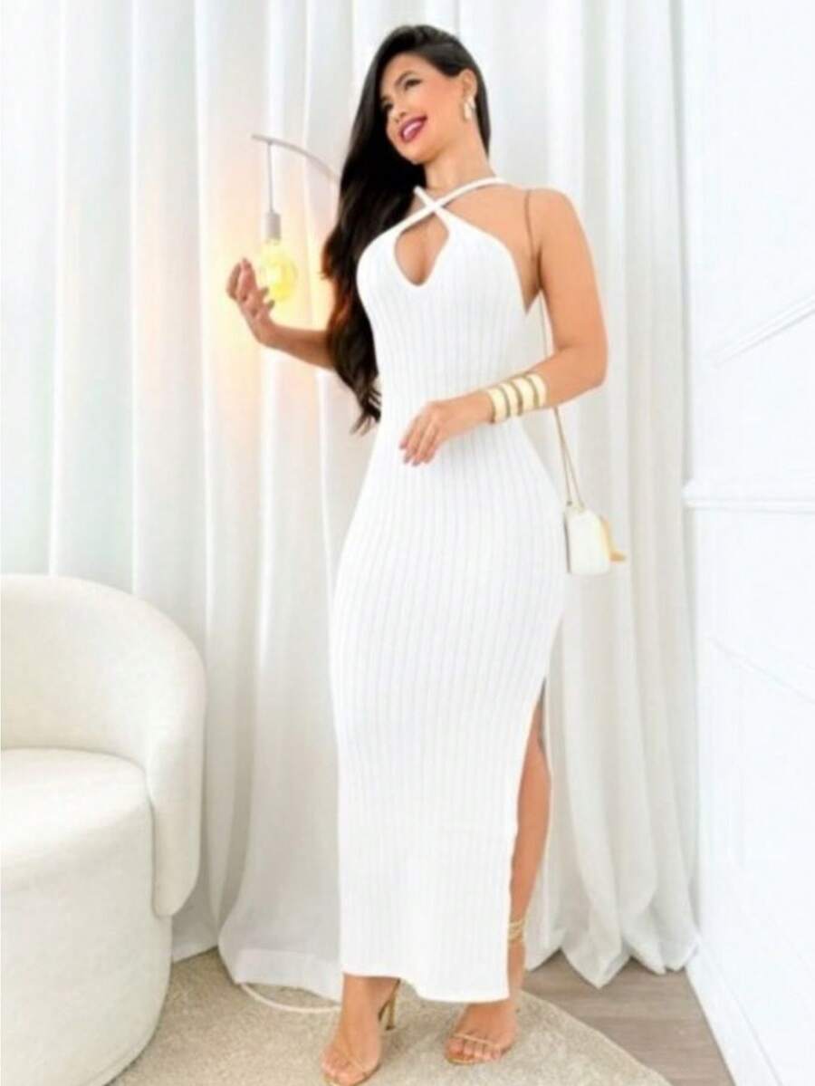 VESTIDO FEMININO LONGO TRICÔ TRICOT MODAL DECOTE GOTA AMARRAÇÃO FENDA LATERAL - Branco - Visão 1