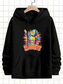 Men's Graphic Print Pullover Hoodie Quality Fabric, Crew Neck, Relaxed Fit, Comfortable, Art Print - Black - View 2