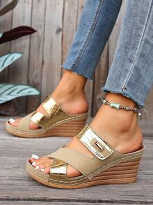 Women's Wedge Slide Sandals, New Summer Metal Patchwork Casual Slippers - Gold - View 2