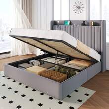 SHA CERLIN Full/Queen/King Size Lift Up Storage Bed Frame/Charging Station/USB,Type-C Port/Storage Headboard/Velvet Upholstered/Hydraulic Support/No Box Spring Needed/Noise Free/Grey - Xem 1