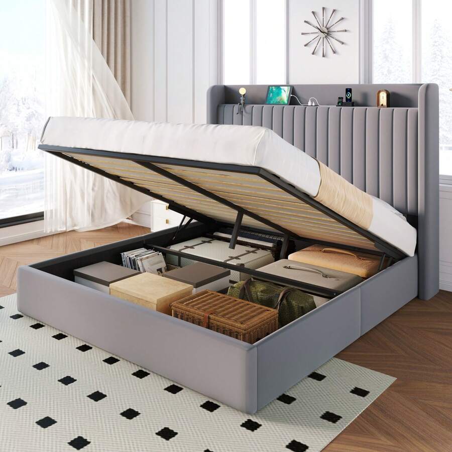 SHA CERLIN Full/Queen/King Size Lift Up Storage Bed Frame/Charging Station/USB,Type-C Port/Storage Headboard/Velvet Upholstered/Hydraulic Support/No Box Spring Needed/Noise Free/Grey - Xem 1