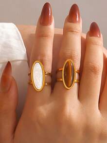 1 pieza Anillo de acero inoxidable minimalista con piedra de ojo de tigre en forma geométrica ovalada, adecuado para uso diario de mujeres y como regalo de vacaciones - Multicolor - Ver 4