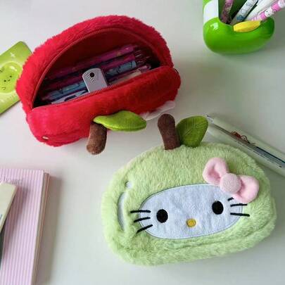 SANRIO 1개 귀여운 카툰 사과 키티 고양이 플러시 연필 케이스, 휴대용 고품질 화장품 메이크업 도구 보관 가방