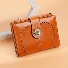 Cartera de cuero aceitado para mujeres, cartera corta retro, monedero multifuncional hueco, clip para dinero - Azul - Ver 4