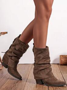 Slip-On Knee-High Boots With Chunky Heels, Minimalist And Versatile Pointed Toe, Women's Sexy Lady Rider Boots - Zaitun 2 - View 4