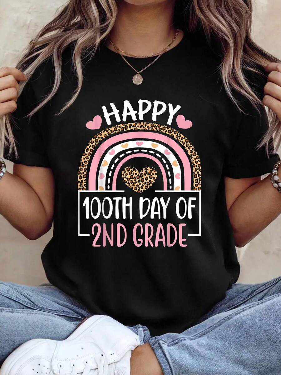 100Th Day Of 2Nd Grade Funny 100 Days Of School Teacher T-Shirt, Graphic Tees Women - 黑色 - 查看 1