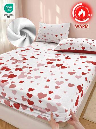 1pc Printed Crystal Velvet Fitted Sheet, Bedding, Mattress Protector, Multifunctional Bed Cover And Fitted Sheet Gradient Heart Printed Warm Fitted Sheet, OEKO-Certified Cozy Warm Home Textile, Breathable Mattress Protector, Ultra-Soft And Skin-Friendly Fabric, Multiple Fashion Colors Available, Stylish Home Decoration Accessory