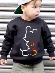 Disney Mickey Mouse Line Pattern Print, Autumn And Winter Children's Round-Neck Sports Hoodie, Suitable For Boys' Daily Commuting, School And Casual Sportswear. Long-Sleeved Tops Are Suitable For Holiday Parties, Outdoor Activities And Travels - 黑色 - 查看 1