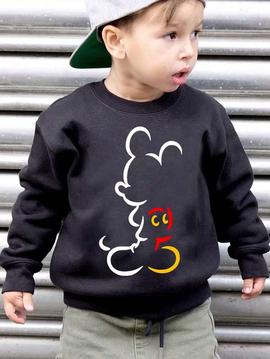 Disney Mickey Mouse Line Pattern Print, Autumn And Winter Children's Round-Neck Sports Hoodie, Suitable For Boys' Daily Commuting, School And Casual Sportswear. Long-Sleeved Tops Are Suitable For Holiday Parties, Outdoor Activities And Travels - 黑色 - 查看 1