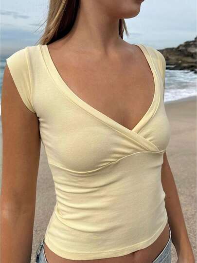 Womens Deep V Neck Tank Tops Sleeveless Wrap Crop Tops Slim Fitted Basci Shirts V Neck T Shirts Sleeveless Tees Camisole