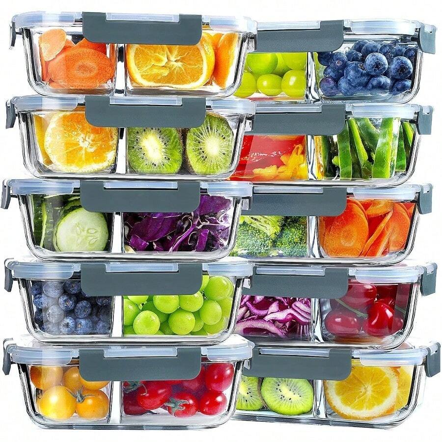 10 Pack Glass Meal Prep Containers 2 Compartment Set 30 OZ Airtight Glass Lunch Containers Glass Food Sge Containers With Lids For Microwave Oven Freezer And Dishwasher Friendly Grey - Gray - View 1