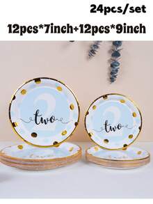 12/24/48 Set, Suitable For 1st, 2nd And 3rd Birthday Parties, Birthday Theme Parties, Includes Heat Press Pattern Paper Plates, Party Plates, Paper Plates. Includes 7-Inch And 9-Inch Plates, Accommodates Up To 48 People Gathering, Picnic Supplies, Birthday Party - Multicolor - View 17