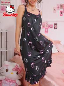 Pajamoom Sanrio 1-Piece Women's HelloKitty,HelloKitty Pajamas,Sanrio Pajamas,Black&Pink,Ruffled Edge,Sleep Dress,Cute Sleep Dress,Loungewear - Black - View 1
