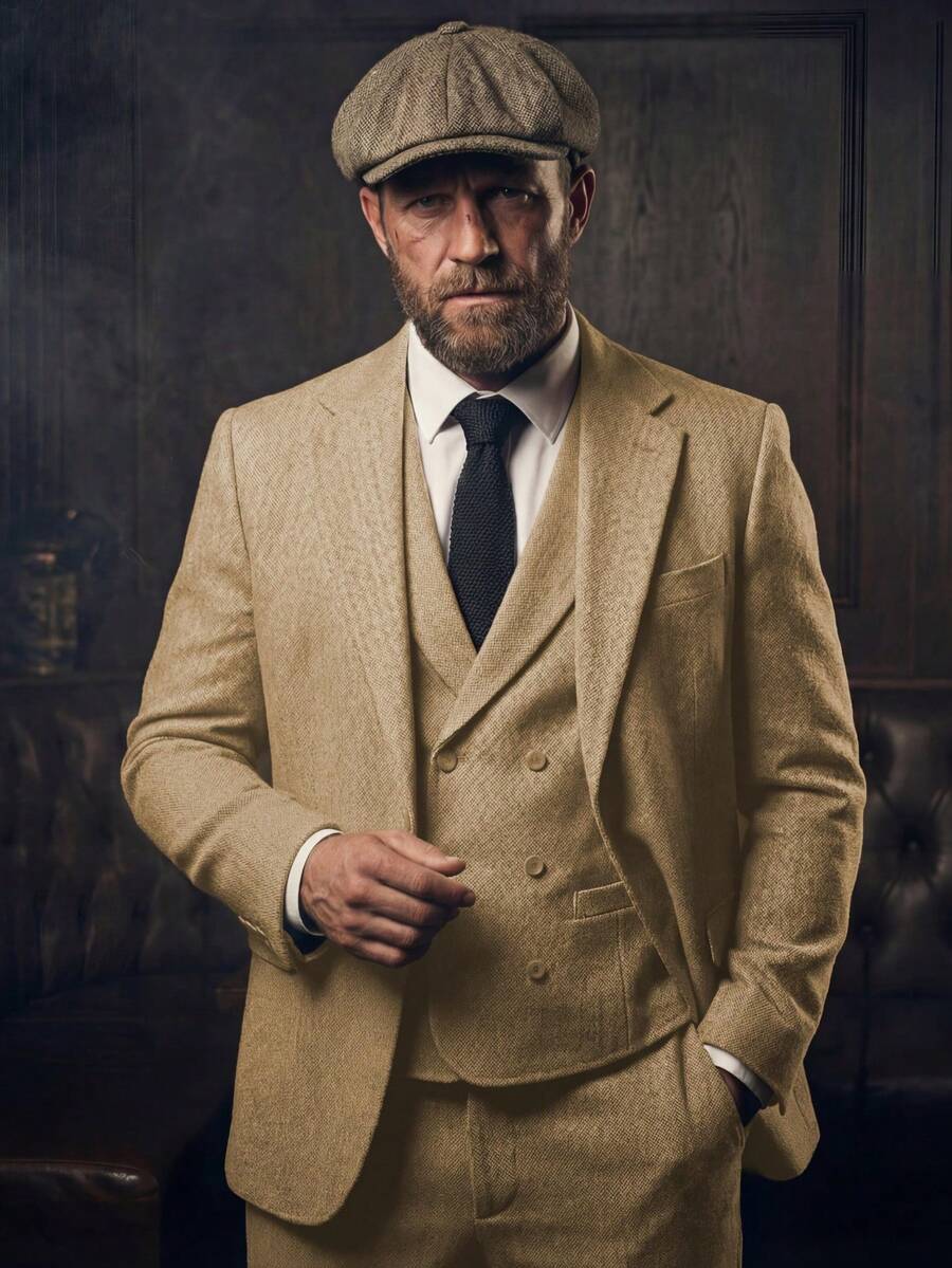 Men's Herringbone Tweed 3 Piece Suit Two Button Wool Blazer Vest Pants Set For Groom Wedding Prom Tuxedos Formal Business Party 1920's Themed Suit (XS-3XL) - 香檳色 - 查看 1