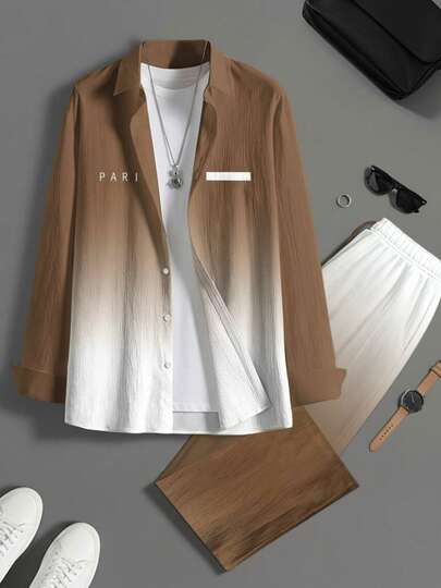 2pcs Plus Size Men's Printed Contrast Color Set - Fashionable Design Plus Size Men's Casual Shirt, Machine Washable, Slim Fit, Suitable For Men's Suit