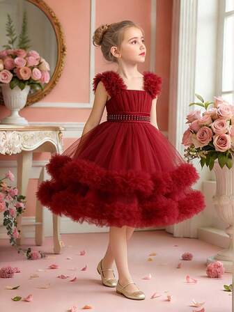 Vestido elegante de niña para dama de honor con tirantes gruesos, bordado de perlas falsas y tul, adecuado para fiesta de cumpleaños, vacaciones y días festivos. No incluye diadema.