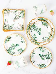 1 Set Gold Rim Eucalyptus Leaf Petal Shaped Disposable Plates, Napkins, Cups, Tablecloth And Banners, Party Supplies Set For 8 Guests, Suitable For Birthday, Wedding, Theme Party, Family Picnic - Multicolor - View 4