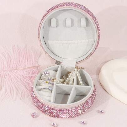 1个/2个精美PU皮革首饰盒，镶嵌闪亮水钻，小巧便携，可收纳耳环、戒指等首饰，适合女孩、女士作为婚礼、生日礼物或返校礼物。