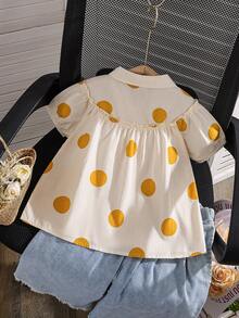 Young Girl Geometric Print Single-Breasted Casual Versatile Short Sleeve Shirt - Apricot - View 2