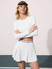 1 Set Women's White Tennis Shirt With Letter Tape Crop Top + Pleated Skirt, Showcasing Sweet & Cool Vibes, Casual & Relaxed Fashion