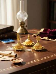 1PC/1Set Metal Incense Burner, Vintage Arabic Golden Burner Catcher Holder, Incense Backflow Burner Holder Ornaments, Incense Candle Holder Ash Catcher Bowl, Desktop Miniature, Home Decor, Room Decor, Tabletop Decor, Creative Home Aromatherapy Gift - Multicolor - View 2