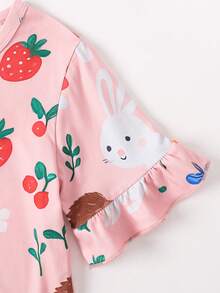 New Cute Girls Nightgown, Strawberry Rabbit Print Children Nightdress, Round Neck Short Sleeve Ruffle Hem Girls Dress, Casual Comfortable Sleepwear - Pink - View 3