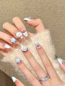 10Pcs Blue Donut Press On Nails With Star Bowknot Design Artificial False Nails For Women Daily Party Wear - Pink - View 3