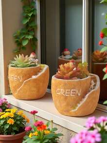 "Whimsical Resin Succulent Planter With Mini Figure & Staircase Design - Rustic 'GREEN' Decor Pot For Indoor Windowsill/Outdoor Garden (Plant Not Included)" - Multicolor - View 4