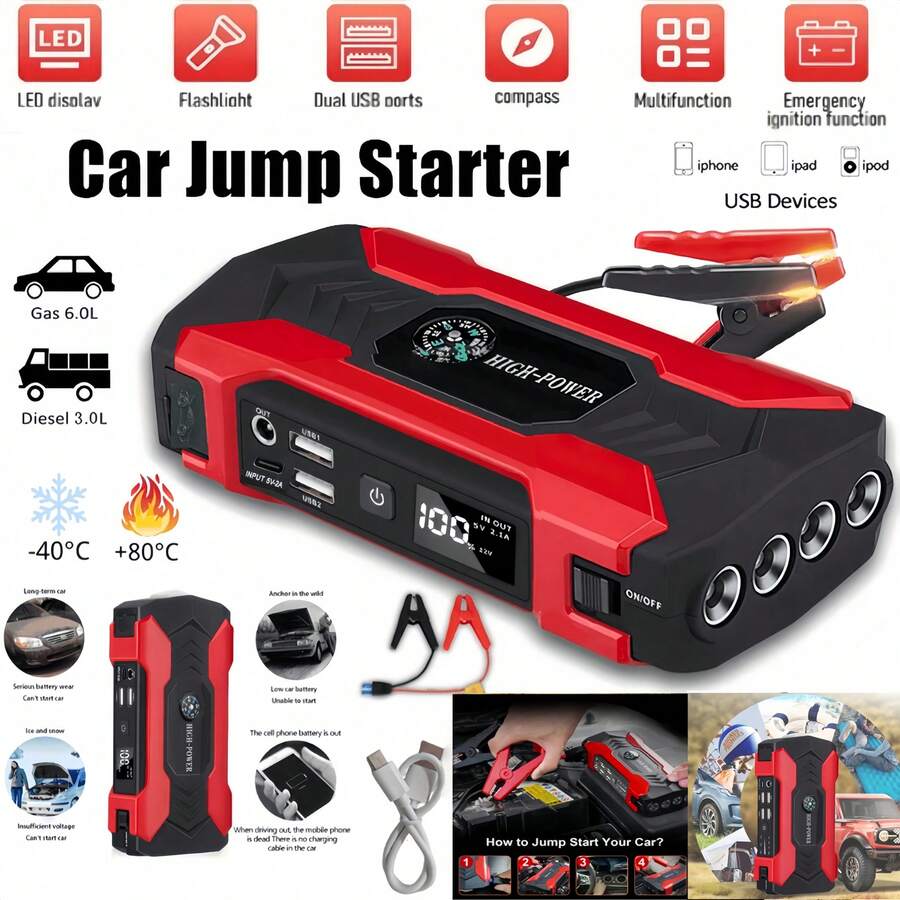 Auxiliar de partida para carro - Lanterna LED e carregador de bateria - Luz LED de emergência - Presente ideal para proprietários de carros e perfeito para situações de emergência - Preparação para resgate na estrada - Multicolorido - Ver 1