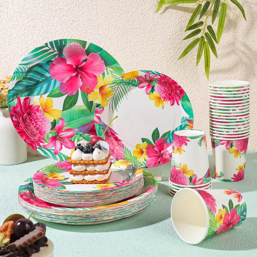 Tropical Plant Pattern Disposable Tableware Set, Including 7/9 Inch Paper Plates & Paper Cups, Suitable For Birthday Party, Holiday Party, Gathering Picnic, Celebration, Wedding Tea Party, Graduation Ceremony Disposable Party Supplies