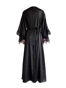 女士长款睡袍，黑色优雅派对礼服 - 刺绣蕾丝雪纺长款睡袍，配腰带和长袖衬里 - 黑色 - 查看 4