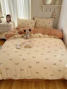 4pcs Dog Pattern Bedding Set, Soft & Comfortable Bedroom Linens, Cute Dachshund Design, Breathable & Soft All Season Bed Set Including 1 Duvet Cover, 1 Bed Sheet, 2 Pillow Shams, No Filling, Suitable For Bedroom, Dorm, Home Use, Multiple Sizes Available - Beige - View 7