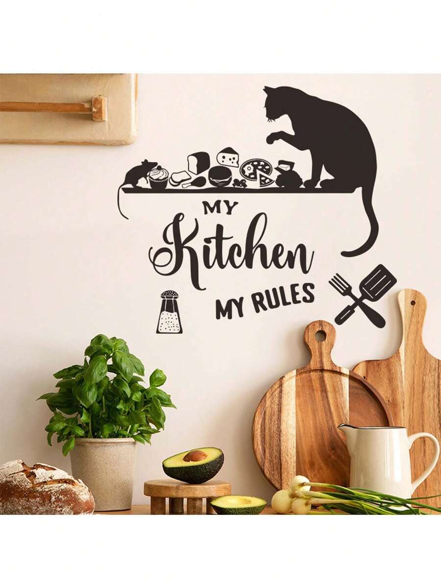 1pc Cartoon Kitchen My Rulles Decorative Sticker PVC Sticker Removable Self-Adhesive Easy-Tear Sticker Home Decor To Brighten Up Your Life Holiday Decorations Birthday Graduation Gift - Black - View 1