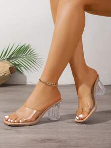 Women's High Heel Sandals, Women's Fashion High Heel Slippers, Crystal Heel Thick Heel Transparent Slip-On Open Toe Open Heel Sandals - Apricot - View 7