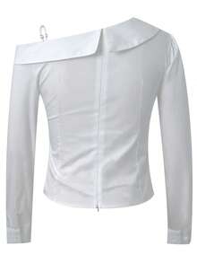 White Elegant Criss-Cross Design Off-Shoulder Long Sleeve Fitted Blouse - White - View 9