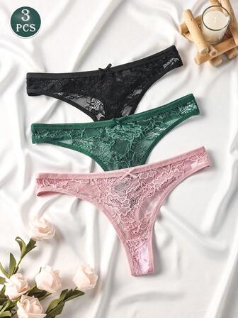3pcs/Set Women's Romantic Sexy Lace Bow Thong Seamless Stretch Panties