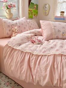 1 Juego de Ropa de Cama con Estampado Floral de Rosa, Incluye 1 Edredón, 1 Sábana Plana, 2 Fundas de Almohada, Suave y Cómodo para Dormitorio, Dormitorio, Uso Doméstico, Disponible en Múltiples Tamaños - Rosa Pálido - Ver 5