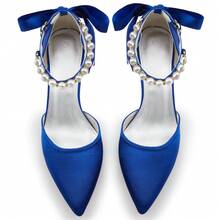 Womens Pearl Ankle Strap Pumps Low Kitten Heel D'Orsay Satin Back Tieknot Heels Pointed Toe Wedding Party Dress Shoes - Xanh đậm - Xem 3