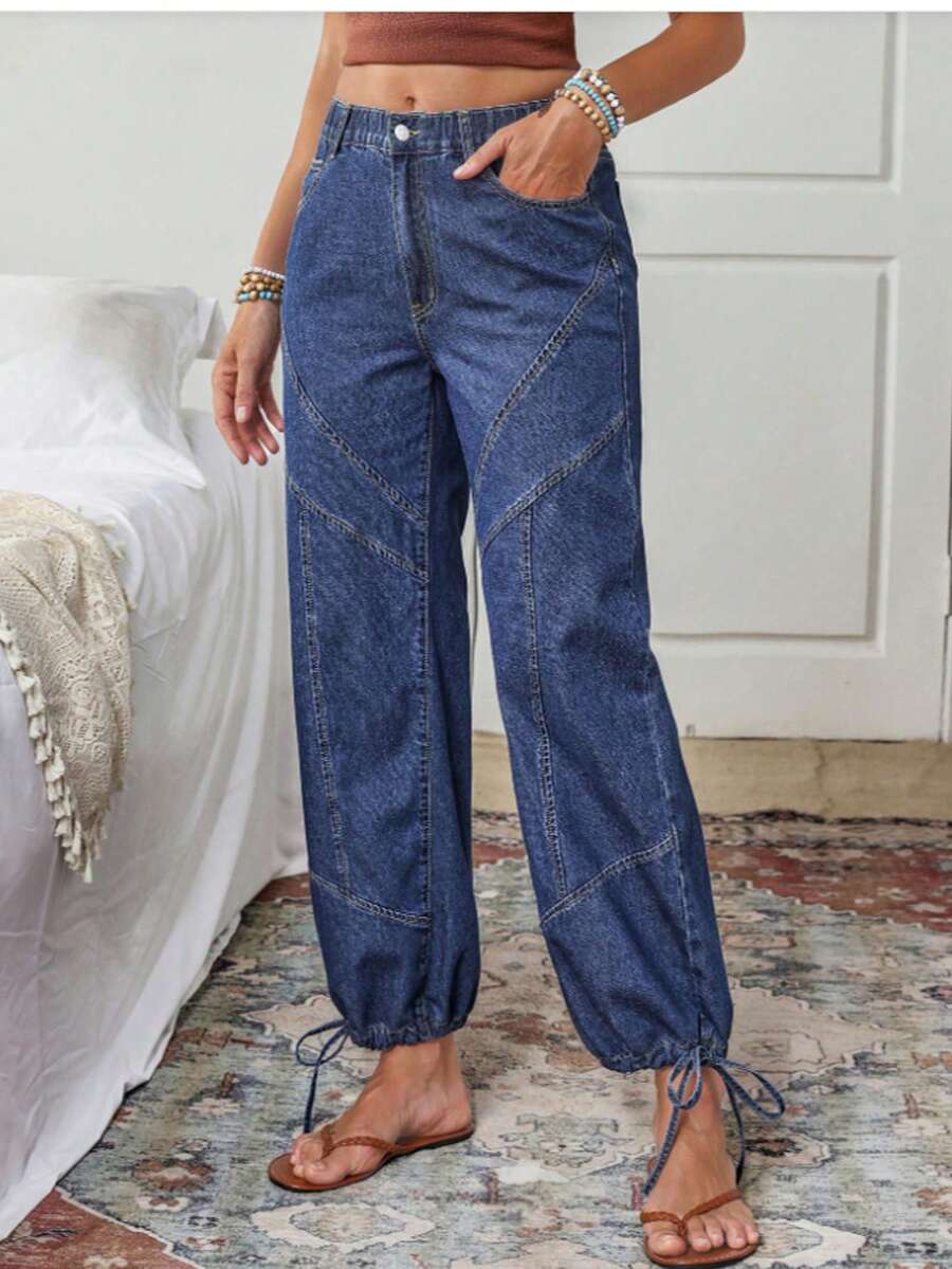 Women's Geometric-Stitch Denim Jogger Pants - Loose Casual Wide-Leg Style With Drawstring Hem - Màu xanh lam - Xem 1
