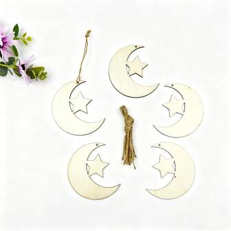 10ชิ้น พระจันทร์เสี้ยวไม้และของประดับตกแต่งรูปดาว, งานฝีมือ DIY Eid Mubarak, อุปกรณ์ประกอบฉากตกแต่งวันหยุดใน/นอกอาคารพร้อมเชือกแขวน, วัสดุไม้เทียม, ไม่ต้องใช้แบตเตอรี่