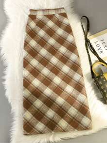 Women's Plaid Skirt, Casual Party Skirt, Fashionable Elegant Skirt, Winter Skirt, New Year's For Women, Valentine's Day For Women - Khaki - View 2