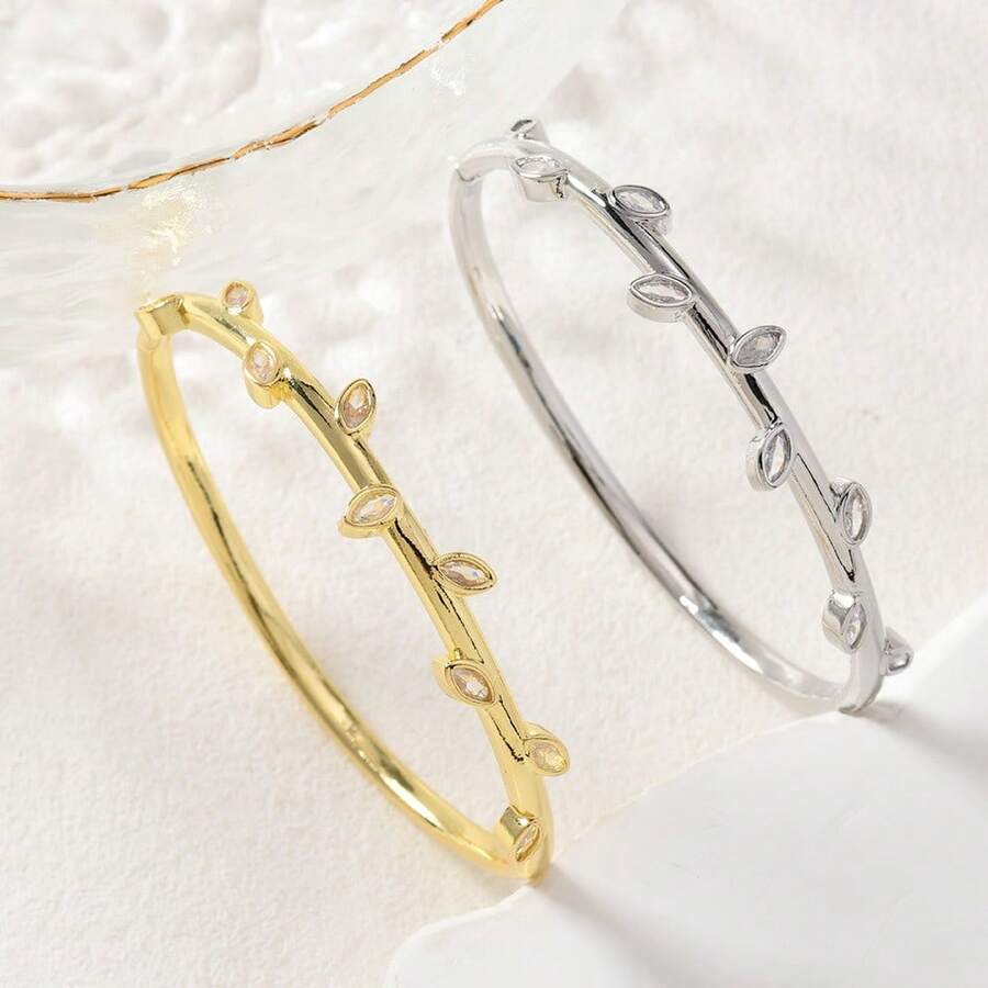 1pc 18K Gold Plated Copper Leaf Inlaid Rhinestone Cuff Bracelet For Women, Elegant Jewelry Gift For Daily & Formal Occasions, Unisex Color Tone, Exquisite Polished Finish - Multicolor - View 1