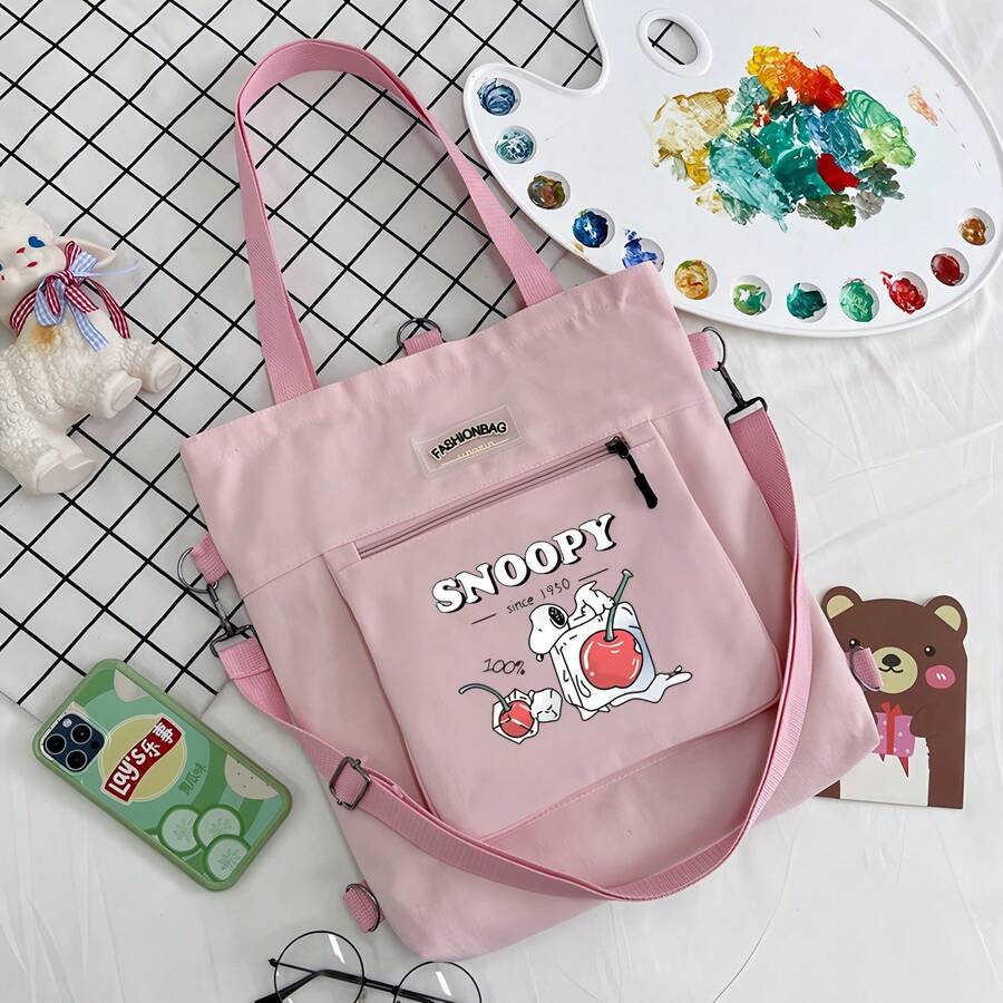 1个史努比学生帆布单肩包，樱桃红设计，适合作为节日礼物、生日礼物、情人节礼物、课本收纳包、返校礼物