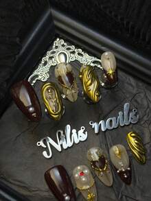 10pcs Handmade Complete Nail Set, Featuring Almond Shaped Burgundy&Gold Nails With Burgundy French Accents Punk Rock Hot Metal Texture 3D Decorative Spring And Summer Nail Set, Hand Drawn Hearts, 3D Matching With Roses Suitable For Girls To Wear On A Daily Basis And Attend Gatherings, Themed Parties, And Other Events. Comes With 1 Mini Nail File And 1 Double-Sided Adhesive Label. - Burgundy - View 6