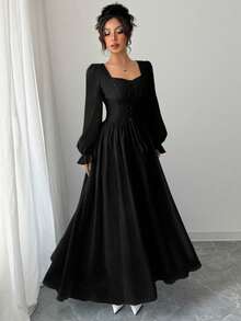Women's Elegant French Style High Waist Long Sleeve Dress, Autumn - Matte Black - View 3
