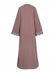 女士睡袍套装，蕾丝边开襟睡袍配雪纺头巾 - 轻盈、优雅、透气，适合春夏穿着，棕色优雅派对礼服 - 摩卡棕 - 查看 4