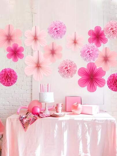 9pcs Handmade Pink Paper Flower Decor Set, Suitable For Birthday, Anniversary, Spring Party And Wedding - No Battery Required, Background Decor, Wall Decor