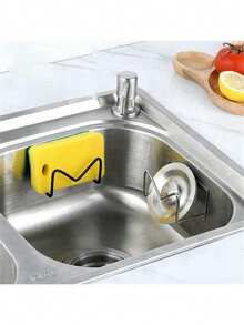 1pc Stainless Steel Sink Sponge Holder, Strong Adhesive Self-Adhesive Dry Rack, Kitchen Sink Drainage Dry Rack, Cleaning Sponge Rack Hook, Durable & Fashionable Bathroom Accessory