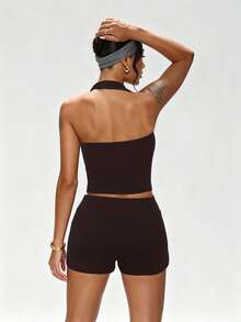 两件套女士高腰短裤和V领无袖露脐上衣，休闲运动修身街头服饰 - 咖啡棕 - 查看 2